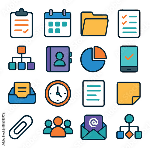 Office tools icon collection: essential business flat icons. calendar, folder, chart, email, clock
