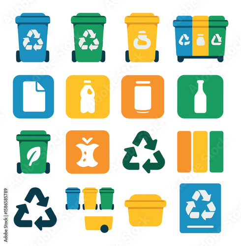 Recycling icon collection. colorful waste management flat icons. bin, bottle, paper, container, leaf