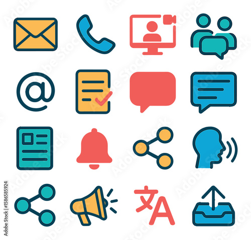 Communication icon collection. messaging, email, phone, network, alert, chat, translate flat
