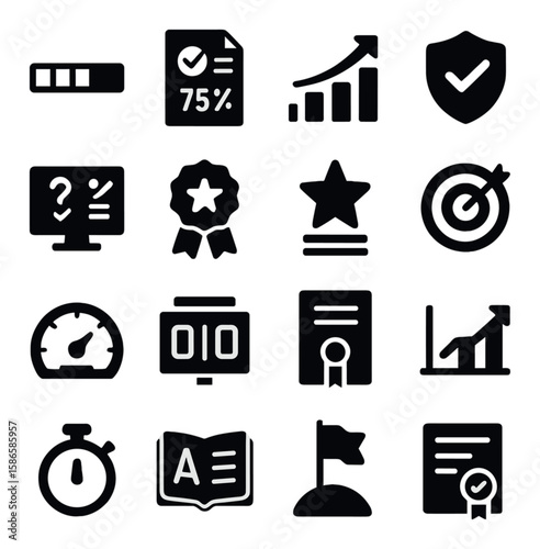 Learning metrics icon collection: silhouette style education, chart, award, target, certificate