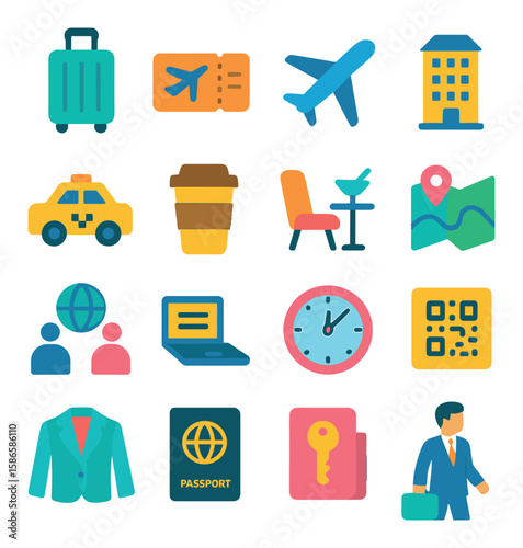 Business travel icon collection. simple flat icons: luggage, flight, hotel, taxi, coffee, map, laptop, clock, passport,