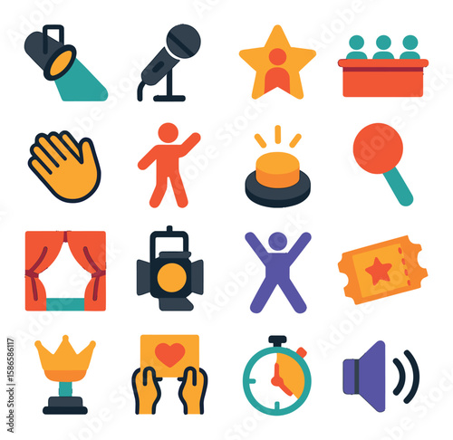 Talent show icon collection: simple flat style. microphone, stage, applause, trophy, timer