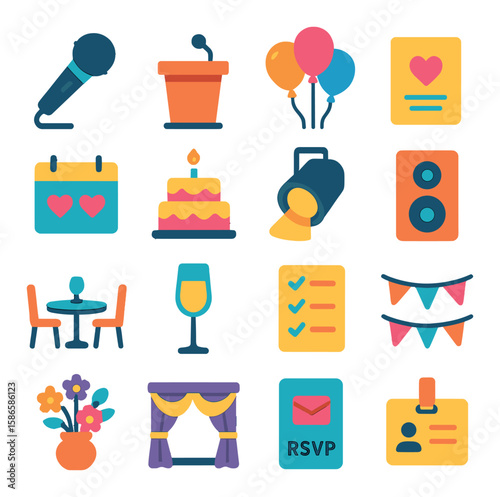 Event planning icon collection. simple linear icons for microphone, cake, balloons, rsvp, and more