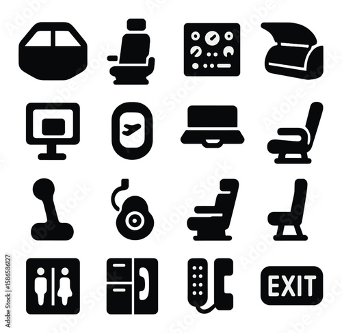 Aircraft interior icon collection: simple silhouette seat, window, cockpit, exit, telephone