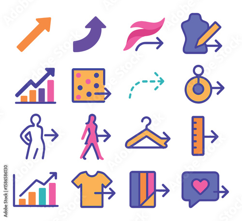 Fashion direction icon collection. trend, arrow, mannequin, graph, ruler, hanger, linear