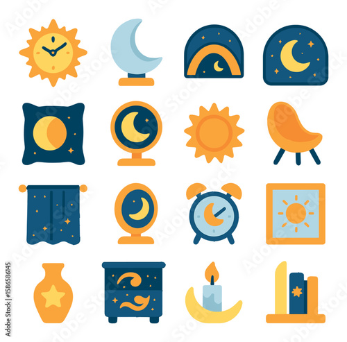Celestial home icon collection. moon, sun, star, clock, curtain silhouette