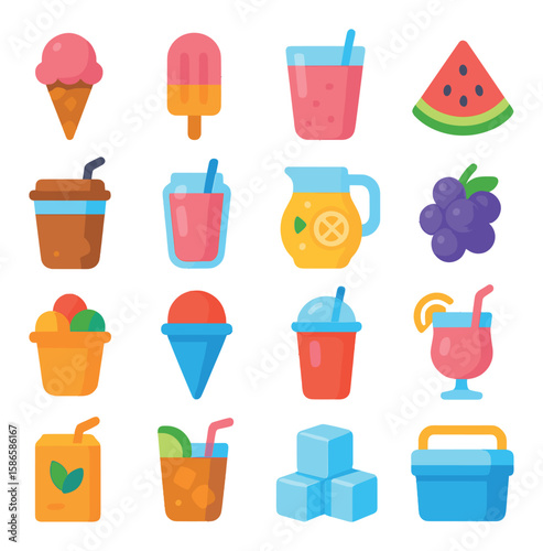 Summer treat icon collection. refreshing flat icons: ice cream, juice, popsicle, watermelon, cocktail
