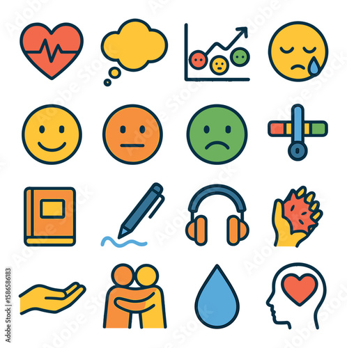 Emotional check-in icon collection. mood monitoring flat icons. heart, mood, graph, headphones, journal, care, health, tears, hand, pen, heart