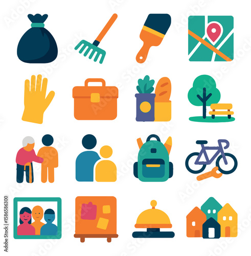 Stylish service icon collection. simple flat design: bag, rake, paint, map, glove, briefcase, tree, bench,