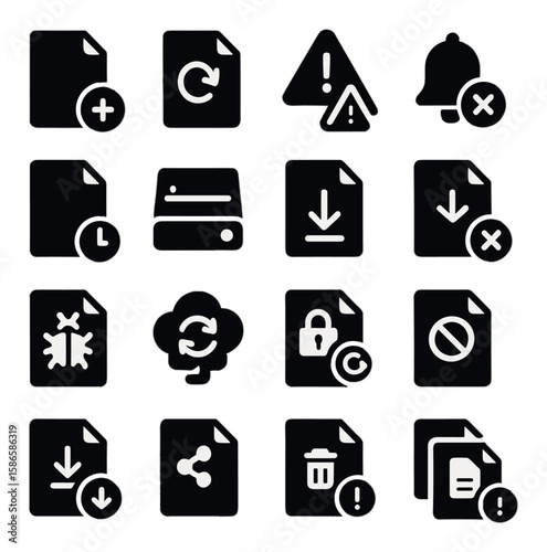 File alert icon collection. simple silhouette set: add, sync, warning, lock, trash, cloud, bell, share, block