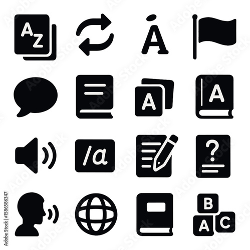 Language learning icon collection. simple multilingual, translation, book, flag, speech, globe, text, abc silhouette