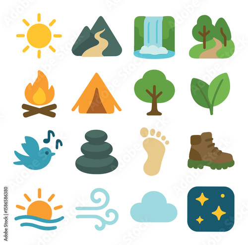 Nature and wellness icon collection. simple, flat sun, mountain, waterfall, tree, fire, camp, bird, footprint, boots, cloud, star