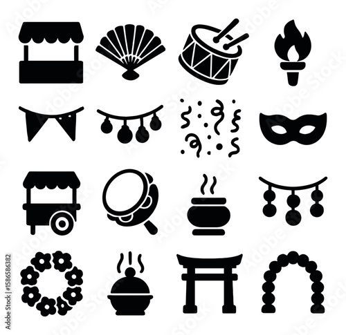 Festival icon collection: simple silhouette fair, drum, torch, mask, lantern
