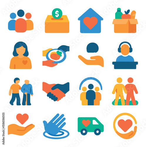 Community care icon collection. charity, donation, volunteer, support, help, heart, care flat