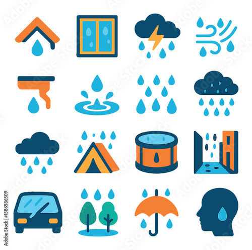 Rain sound icon collection: simple compose design. rain, cloud, thunder, umbrella, window, linear