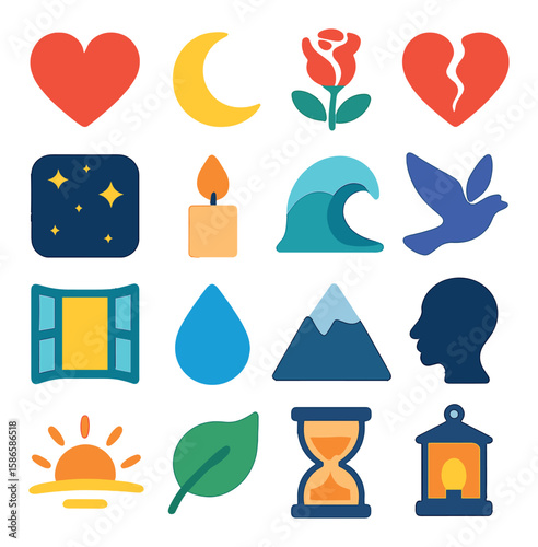 Poetic icon collection. simple compose silhouette icons: heart, moon, rose, candle, light,