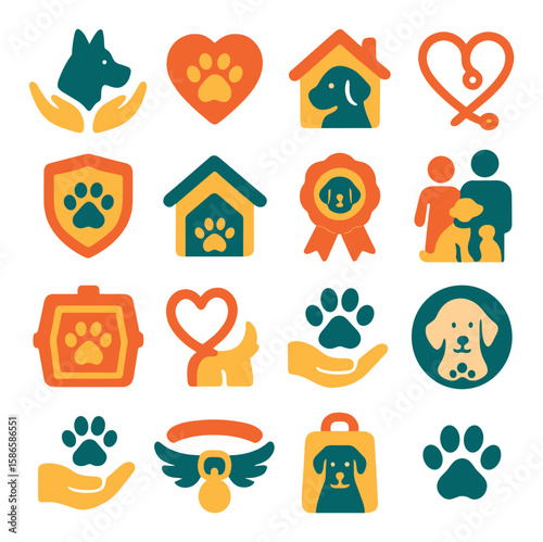 Adoption & rescue icon collection. animal care simple icons: dog, heart, shelter, pet, paw