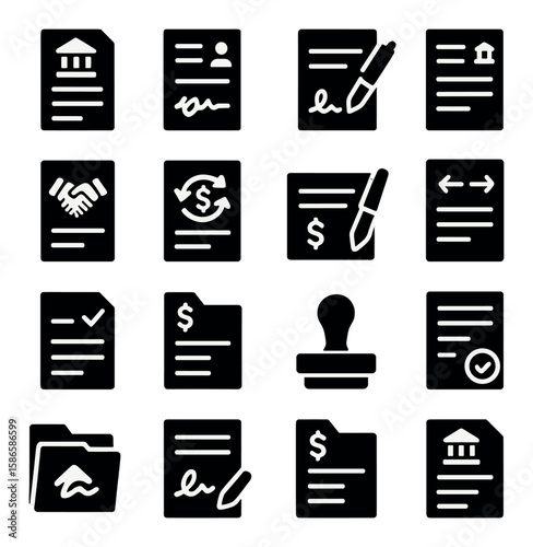 Finance signature icon collection. simple financial documents, agreement, currency, contract, stamp silhouette