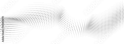 Abstract flowing wave pattern composed of numerous small black dots on a white background