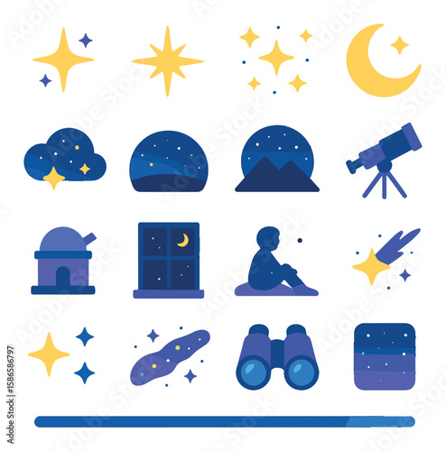 Starry night icon collection: celestial flat icons of moon, stars, telescope, sky, and space elements