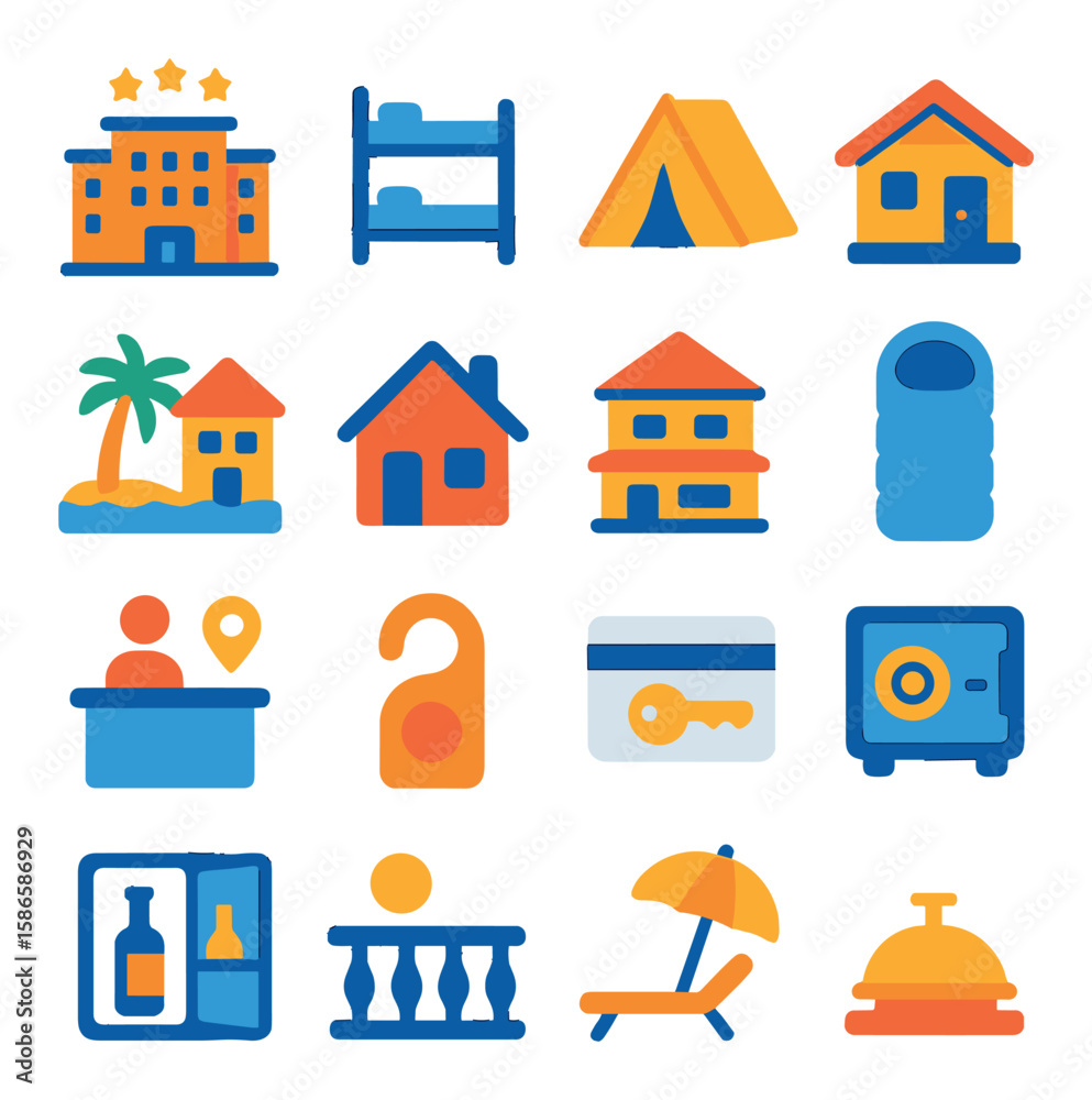 Accommodations icon collection. simple lodging flat icons. hotel, bungalow, tent, key, safe, beach, door hanger Accommodations icon collection. simple lodging flat icons. hotel, bungalow, tent, key, safe, beach, door hanger
