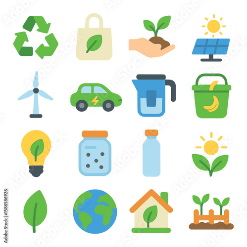 Eco friendly icon collection. sustainable flat icons: recycle, solar, wind, electric, eco