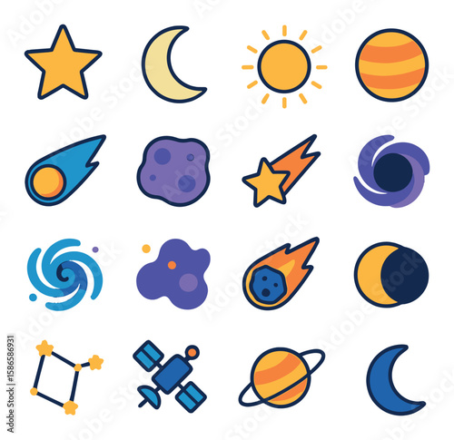 Celestial icon collection: simple cosmic symbol set, star, moon, sun, comet, planet