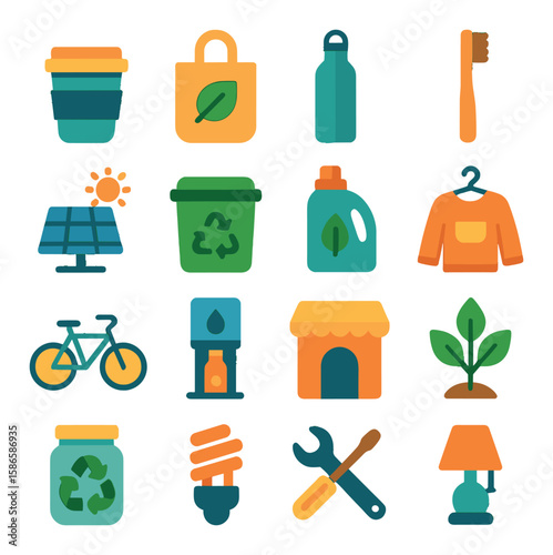 Sustainable lifestyle icon collection: flat eco-friendly design. recycle, solar, bike, plant, water, energy