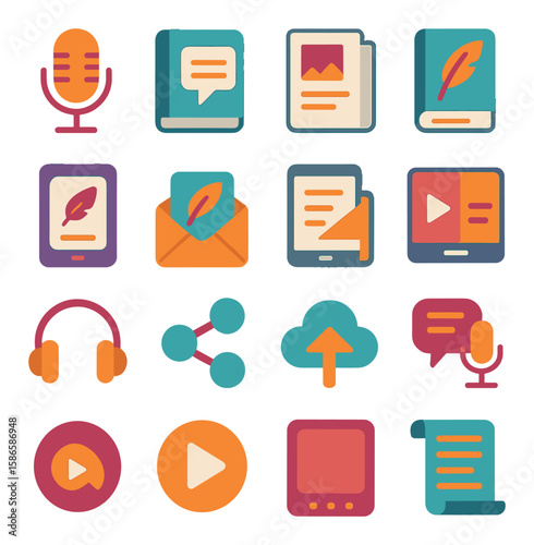Modern media icon collection: simple compose flat icons. microphone, book, message, cloud, music