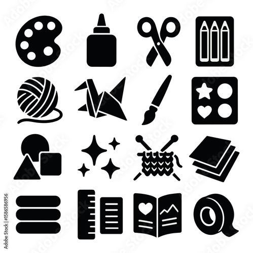 Craft class icon collection: simple silhouette icons for art, painting, knitting, origami