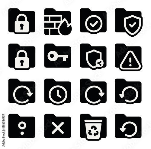Secure folder icon collection. simple silhouette design. lock, key, shield, recycle, clock icons.
