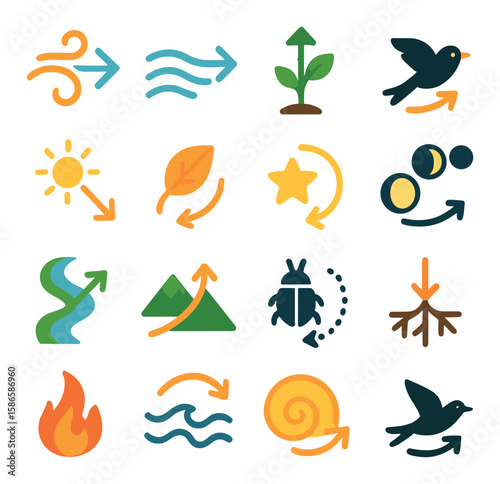 Nature arrows icon collection: simple flat style. arrow, flow, leaf, star, moon, sun