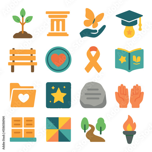 Vibrant legacy icon collection. simple flat icons: tree, bench, heart, butterfly, book, folder, ribbon, torch
