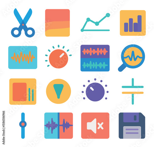 Podcast tool icon collection. simple flat icons: scissors, graphs, audio, magnifier, microphone, mixer, equalizer, disk,