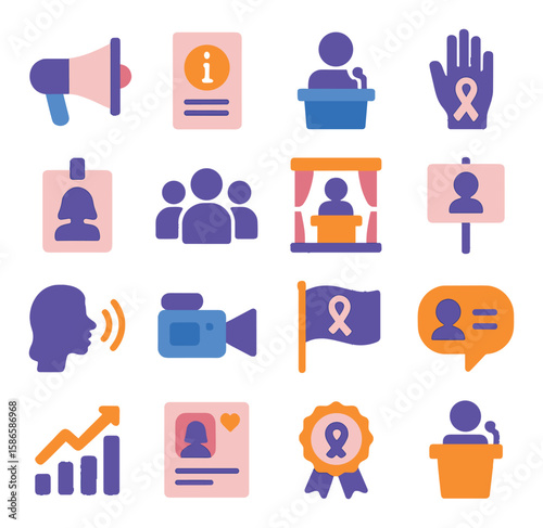 Widow advocacy icon collection: simple silhouette ribbon, support, speaker, awareness