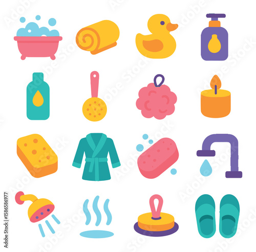Modern bath icon collection. bathing essentials flat icons. soap, towel, duck, candle, faucet