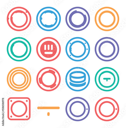 Camera lens mount icon collection: simple silhouette of lens, adapter, cap, ring