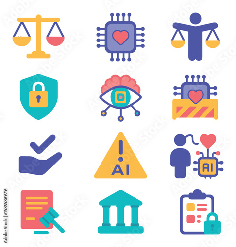 Ai ethics icon collection. artificial intelligence, law, privacy, justice, technology simple