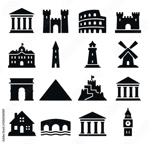 Iconic building silhouette icon collection. landmark, architecture, castle, tower, pyramid, bridge, lighthouse