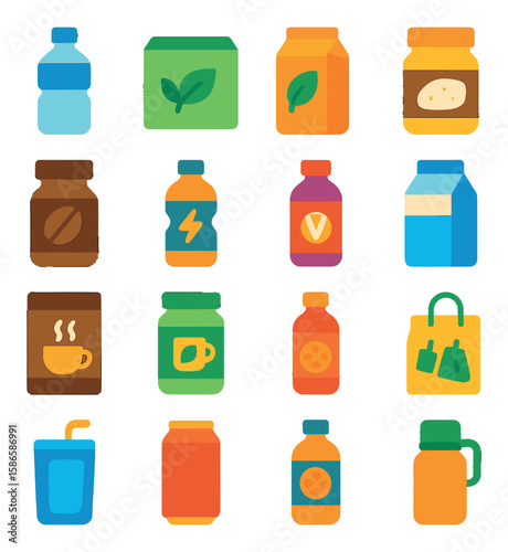 Beverage icon collection: colorful drinks, tea, coffee, juice, water, milk, silhouette