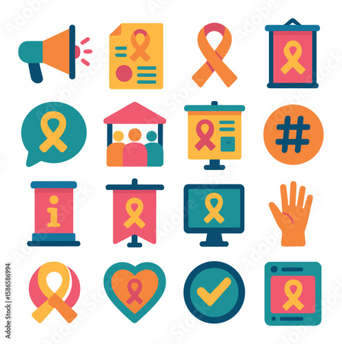 Awareness campaign icon collection. social cause flat icons. ribbon, megaphone, poster, heart