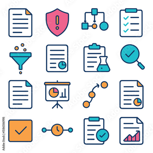 Audit process icon collection. simple structure, checklist, magnifier, chart, clipboard flat