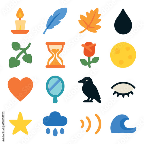 Poetic symbols icon collection: flat style feather, candle, rose, moon, heart
