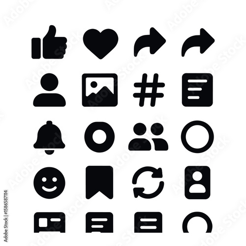 Social media icon collection. silhouette style icons: like, heart, share, user, image, hashtag