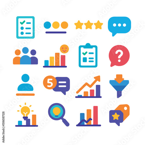 Survey icon collection: colorful simple icons. chart, question, feedback, ideas, checklist