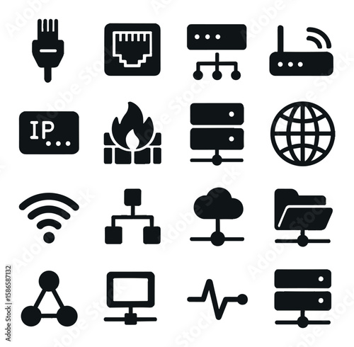 Network icon collection. simple silhouette network, router, firewall, server