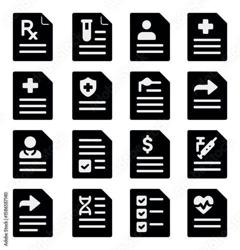 Medical document icon collection. healthcare, prescription, test, report, simple silhouette