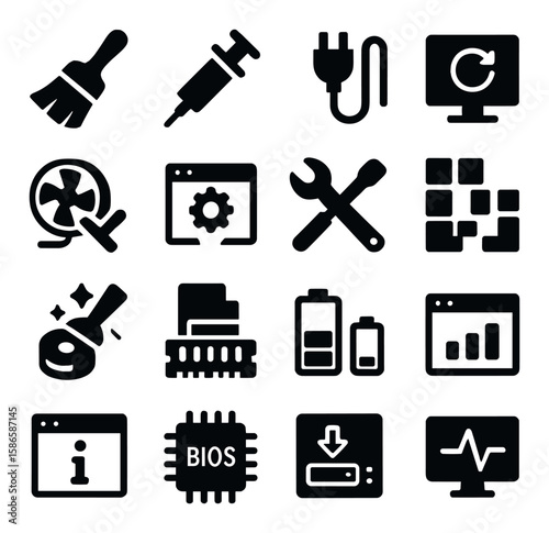 Computer maintenance icon collection: simple silhouette icons for repair, update, bios, battery, more