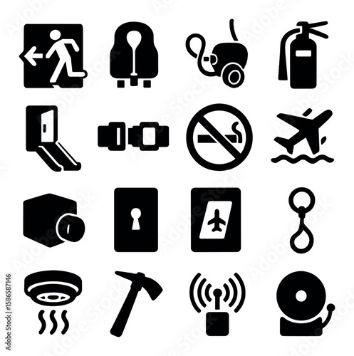 Aircraft safety icon collection. simple silhouette airplane, seatbelt, exit, warning symbols