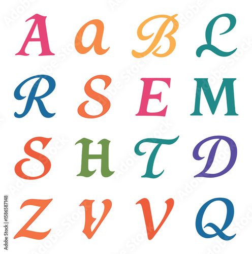 Calligraphy icon collection: colorful letters a-z in simple style, alphabet